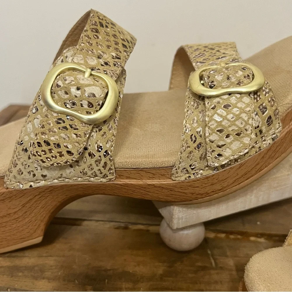 Dansko Snake Print Leather Two Strap Sandals Neutral Matte Gold Metal Buckles